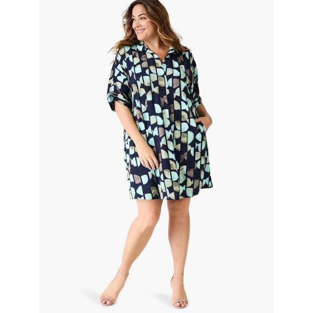 Nic + Zoe Circle Sequence Devon Dress Womens Large Geometric Aqua Multi Shift